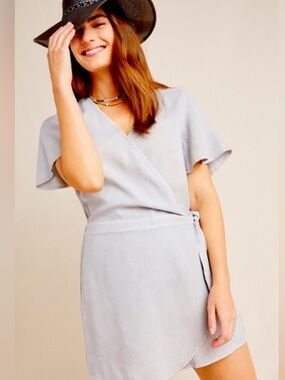 Cloth & Stone Anthro Skirted Romper Gray Chambray Tencel Faux Wrap Front Sz XS